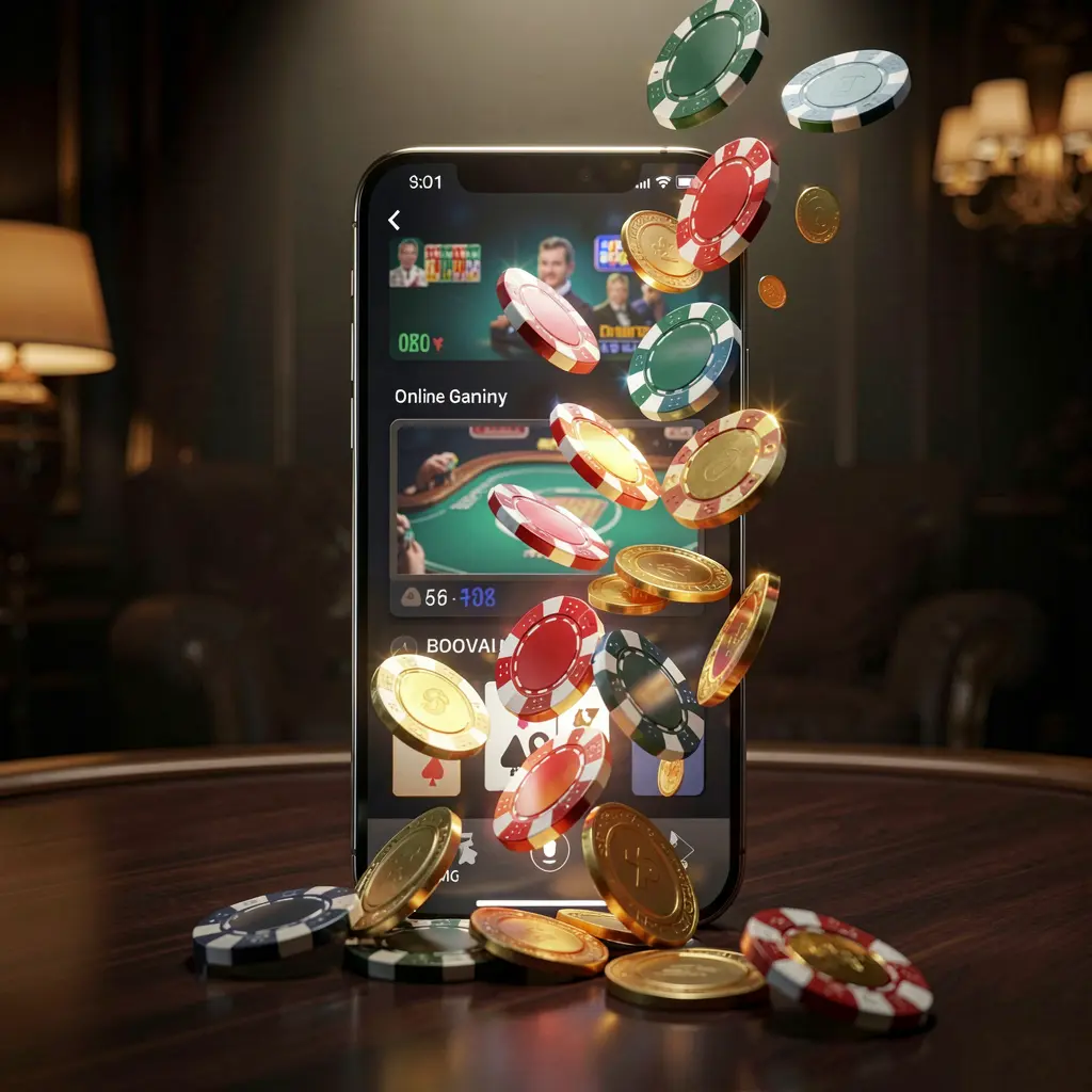 9A999C online gaming app displayed on a smartphone screen with glowing casino chips and coins emerging, set against a luxury dark background with cinematic lighting in a high detail 3D render