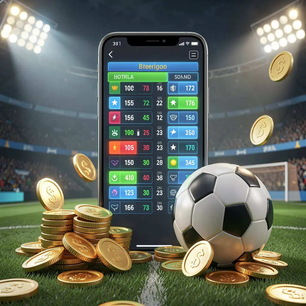9A999C modern football betting visual with smartphone displaying glowing sports odds interface, soccer ball, golden coins, and stadium lights in a premium 3D illustration