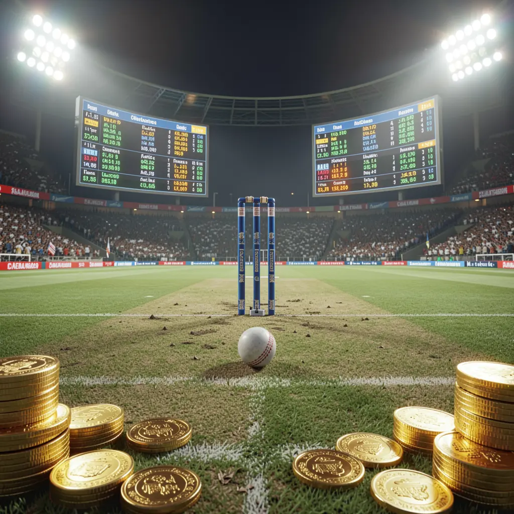 9A999C live cricket betting concept showing a cricket pitch under bright stadium lights with wickets, ball, golden coins, and glowing odds panels in a cinematic realistic render