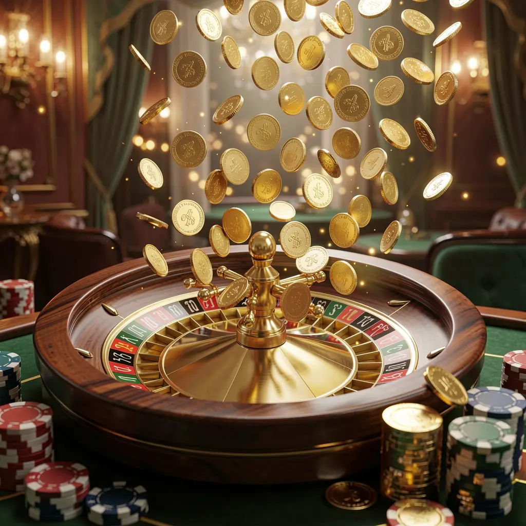 9A999C premium online casino banner with golden coins raining over a roulette wheel and poker chips against a glowing luxury background in a dynamic 3D render