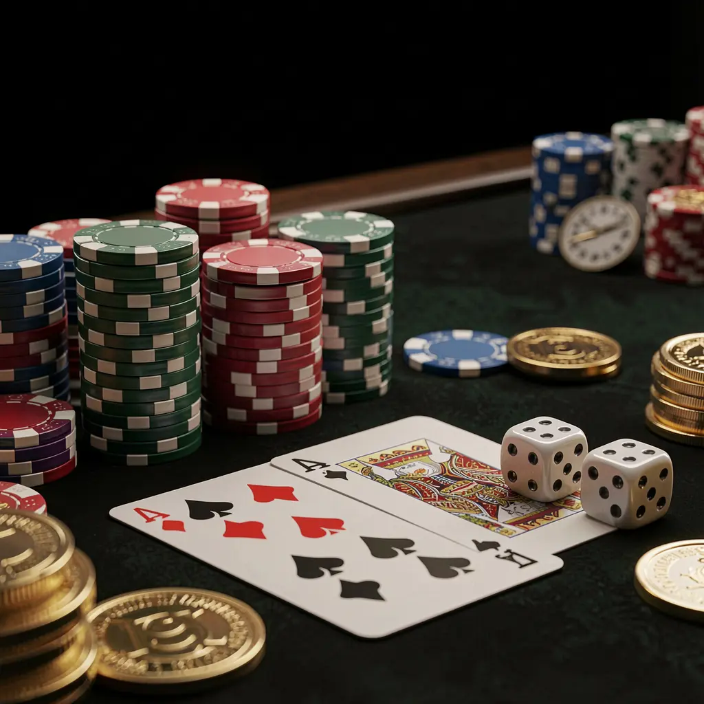 Close-up of an elegant 9A999C casino table featuring poker chips, playing cards, dice, and gold coins with soft cinematic lighting against a luxury black background