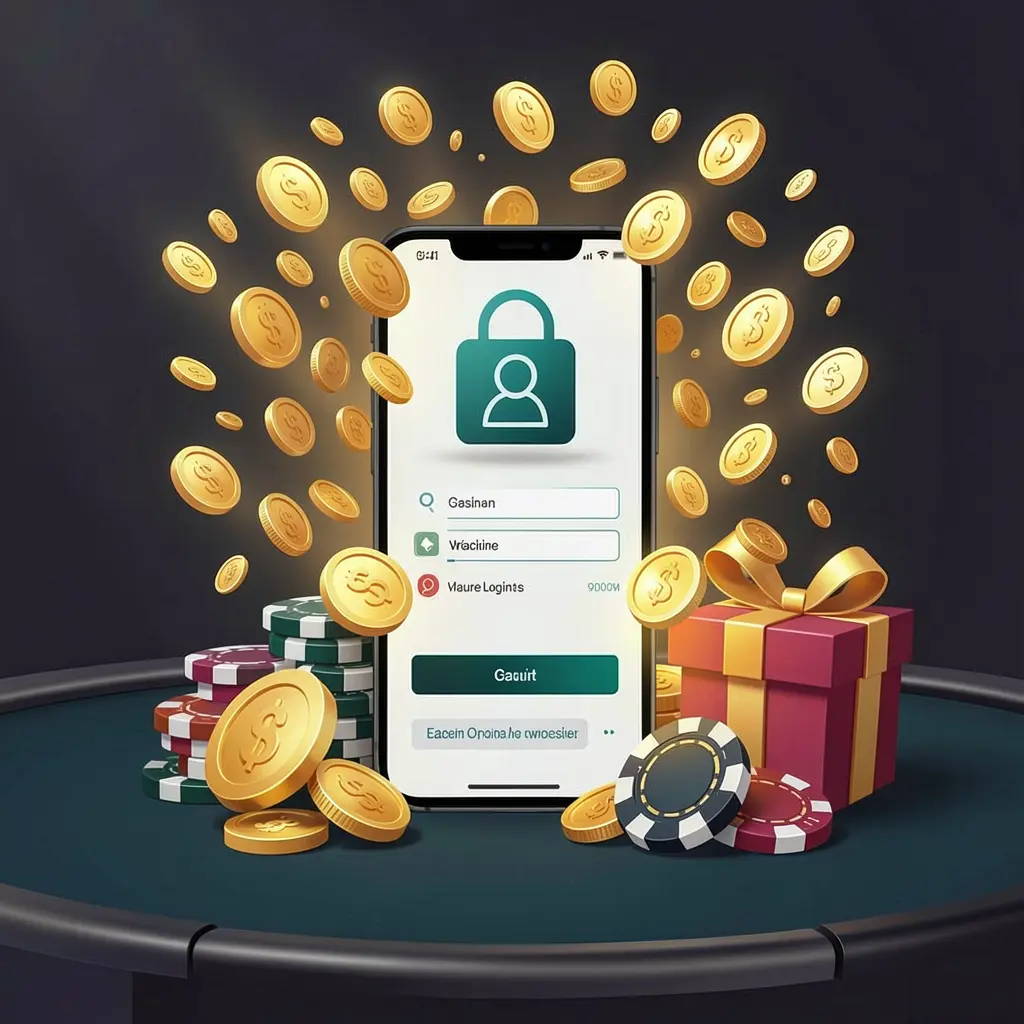 9A999C casino user login illustration showing a phone with a secure access icon, golden coins bursting from the screen, poker chips, and a gift box on a dark premium background
