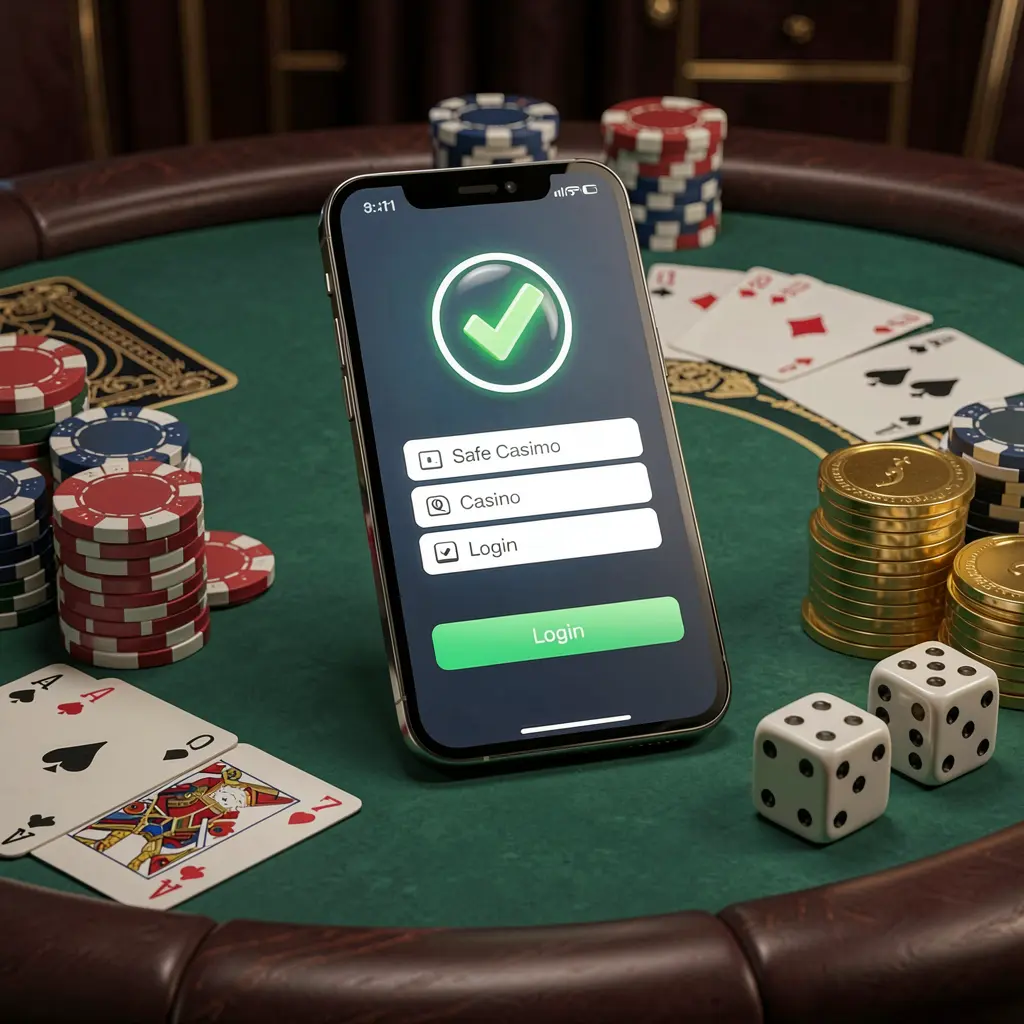 9A999C safe casino login concept showing a smartphone with verification checkmark icon surrounded by chips, cards, dice, and golden coins on an elegant luxury casino table in a 3D realistic render
