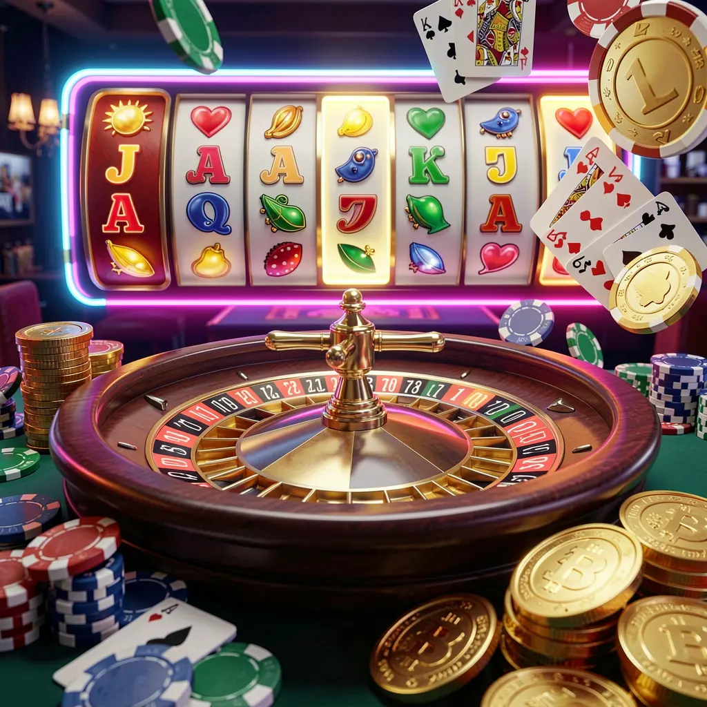 9A999C casino homepage visual featuring a realistic 3D render of a roulette wheel, poker chips, playing cards, golden coins, and bright neon jackpot lights in a dynamic composition