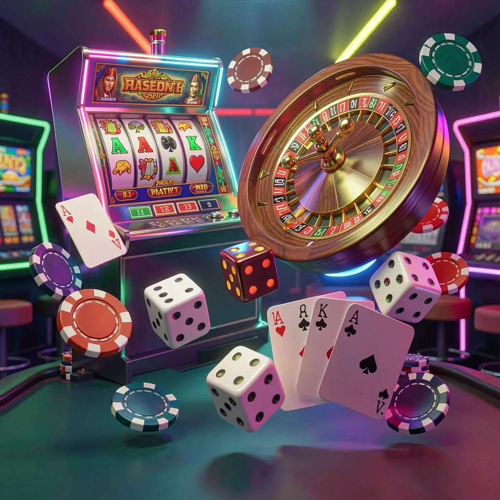 9A999C casino games collection homepage visual featuring a slot machine, roulette wheel, dice, playing cards, and poker chips floating together with colorful neon lights in a premium 3D render